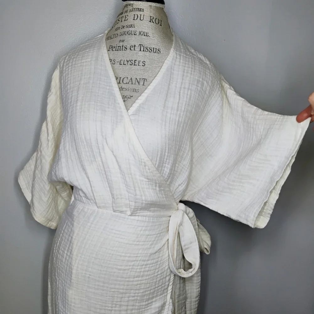 Hammacher Schlemmer UPF 30 Turkish Cotton Cover Up Wrap Dress Ecru Womens S/M - Picture 5 of 13